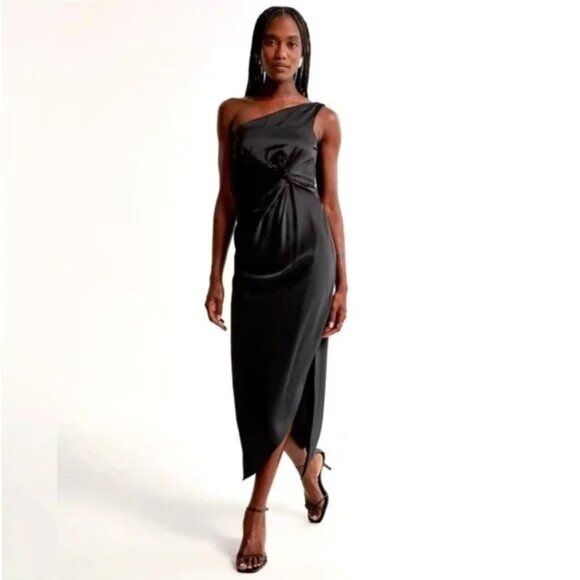 Abercrombie & Fitch One Shoulder Knotted Satin Midi Dress Wedding Guest Size MP - Picture 1 of 9
